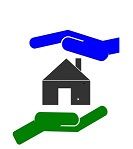 Haus von blauen und grünen Händen umgeben, symbolisiert Schutz und Sicherheit.