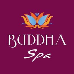 Logotipo com flor de lótus colorida acima do texto "Buddha Spa" em fundo roxo.