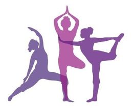 Drie silhouetten in verschillende yogahoudingen in paarse tinten.