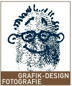 Karikatur eines Mannes mit Brille und Bart, darunter Text: "Grafik-Design Fotografie".
