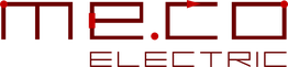 Schwarzes Logo mit rotem Schriftzug "MECO ELECTRIC" in modernem Design.