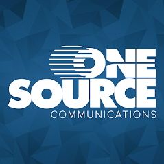 Logo with the text "One Source Communications" on a blue geometric background.
