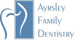 Logo of Ayrsley Family Dentistry with abstract tooth design in blue and white.
