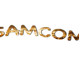 Schriftzug "SAMCOM" in goldener Farbe mit funkelndem Effekt auf dunklem Hintergrund.
