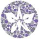 A circle of purple, gray, and white dots forms a floral pattern against a white background.