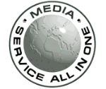 Logo mit Globus und Text: "MEDIA SERVICE ALL IN ONE" in einem Kreis.