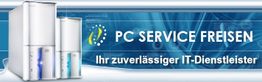 Computergehäuse und Schriftzug: "PC Service Freisen - Ihr zuverlässiger IT-Dienstleister".