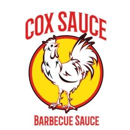 Rooster graphic with text "Cox Sauce Barbecue Sauce" in red above and below the image.