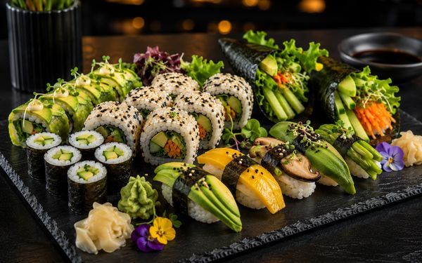 Bunte vegane Sushi-Platte mit Hoso Maki, Ura Maki, Nigiri und Temaki, gefüllt und belegt mit Avocado, Gurke, Karotte, Spargel, Pilzen und weiteren pflanzlichen Zutaten.