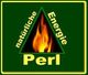 Brennendes Feuer in Dreieck mit Text: "natürliche Energie Perl" auf grünem Hintergrund.