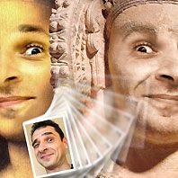 Viele Gesichter mit fröhlichen Ausdrücken, Fotoüberlagerung im künstlerischen Stil.