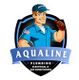 Cartoon plumber in blue uniform with a thumbs-up, logo reads "Aqualine Plumbing & Electrical."