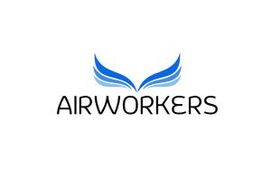 Logo mit blauem Flügelmotiv und dem Schriftzug "Airworkers" in schwarzer Schrift.