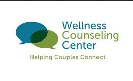 Logo with two speech bubbles, "Wellness Counseling Center: Helping Couples Connect."