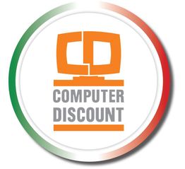Logo "Computer Discount" arancione su sfondo bianco con bordo tricolore verde, bianco e rosso.