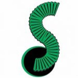 Green accordion in a spiral shape forming the letter "S" above a black circle.