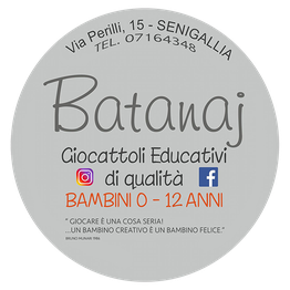 Logo Batanaj, giocattoli educativi 0-12 anni, Senigallia. Contatti e social inclusi.