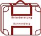 Symbol eines Koffers mit den Wörtern "Reiseberatung Bunnenberg" in roter Schrift.
