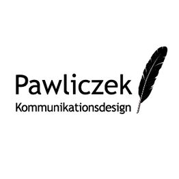 Logo mit Schriftzug "Pawliczek Kommunikationsdesign" und Federgrafik.