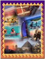 Collage von Dubai-Attraktionen: Burj Al Arab, Pool, Pyramide, Bootsfahrt und Uhr.