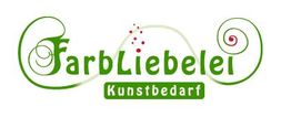 Logo mit verschnörkeltem Text: "FarbLiebelei Kunstbedarf" in Grün und Rot.