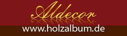 Logo mit Text "Aldecor" und Webseite "www.holzalbum.de" auf rotem Hintergrund.