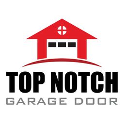 Logo of Top Notch Garage Door with red house and text below.