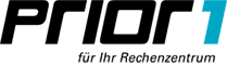Logo mit Text "PRIOR 1 – für Ihr Rechenzentrum", schwarzer Schriftzug mit blauer 1.