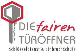 Schlüsseldienst-Logo mit stilisiertem Schlüssel und Text: "Die fairen Türöffner."