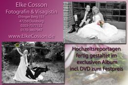 Hochzeitsfotografie-Werbung mit Paarfotos, Kontaktdetails und Angebotstext in lila Design.