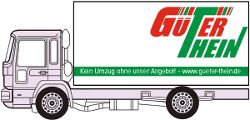 LKW mit "Güter Hein" Logo und Webseite auf Planenaufbau, Slogan darunter.