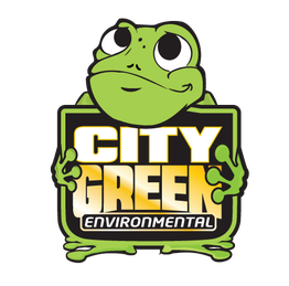 Cartoon frog holding a "City Green Environmental" sign, smiling.