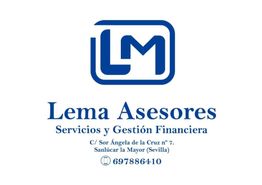 Logo de Lema Asesores con dirección y teléfono en texto azul sobre fondo blanco.
