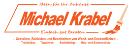 Logo von "Michael Krabel" Malerbetrieb mit Pinsel, Slogan und Dienstleistungen in Orange.