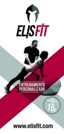 Entrenador ayuda a mujer en ejercicio. Texto: "Entrenamiento Personalizado, www.elisfit.com".