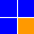Vier blaue Quadrate und ein orangefarbenes Quadrat unten rechts.