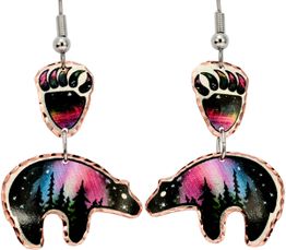 Bear and paw earrings with forest and starry sky design.