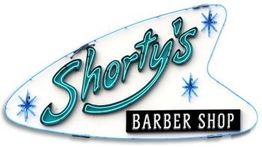 Retro style sign reading "Shorty's Barber Shop" with stars on a white background.