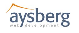 Logo mit Text "aysberg web development" und einem orangefarbenen Bogen darüber.