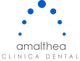 Logo de Amalthea Clínica Dental con puntos azules formando un arco.
