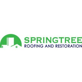 Logo of Springtree Roofing and Restoration with a green house and building icon.
