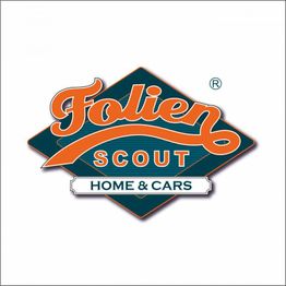 Logo mit Text: "Folienscout - Home & Cars" auf grün-orangenem Hintergrund.