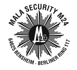 Logo von Mala Security M24, sternförmig mit Adresse Berliner Ring 117, 64625 Bensheim.