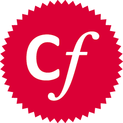Rotes Siegel mit gezacktem Rand und weißen Buchstaben „Cf“ in der Mitte.