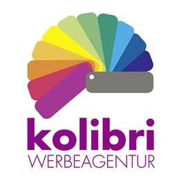 Logo der Kolibri Werbeagentur mit buntem Fächer und Schriftzug.