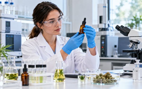 Laborantin untersucht eine CBD-Ölprobe in einem modernen Labor mit Mikroskop, Reagenzgläsern und Analysegeräten.