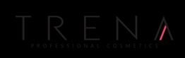 Logo mit Text "TRENA Professional Cosmetics" auf schwarzem Hintergrund, rote Akzentlinie im "A".