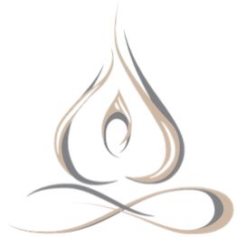 Abstraktes Symbol in beigen und grauen Tönen, das eine stilisierte Flamme oder Tropfen darstellt.
