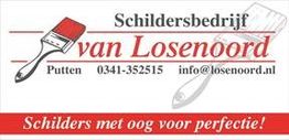 Logo van Schildersbedrijf van Losenoord met contactinformatie en slogan "Schilders met oog voor perfectie".