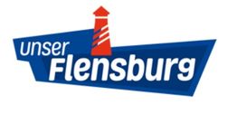 Logo mit rotem Leuchtturm, blauem Hintergrund, Text: "unser Flensburg".
